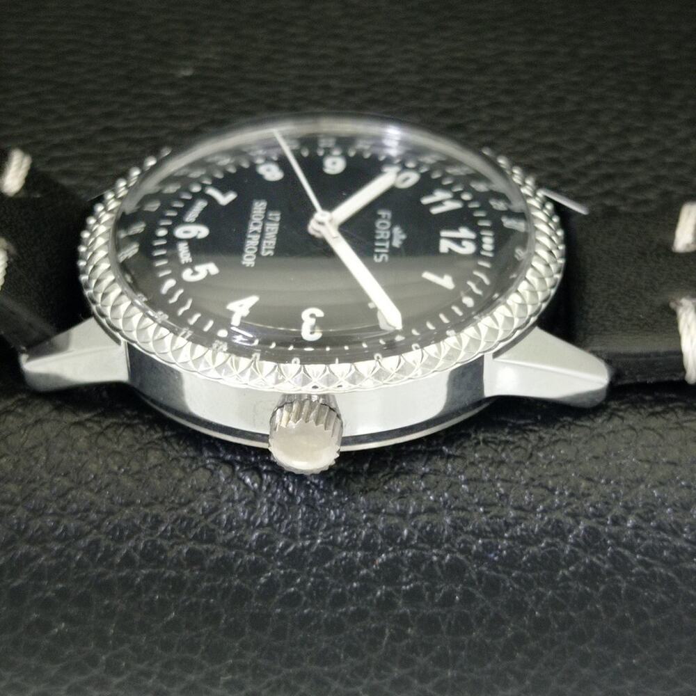 Vintage 1982 Fortis Manual Mens Silver Watch W/Leather Strap & Black accents - Picture 5 of 9